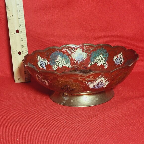 Vintage Indian Etched Brass Metal Peacock Pedestal Red Bowl Trinket Dish - Picture 8 of 11